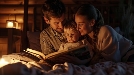 Young family with two small children indoors in bedroom reading a book. Read before sleep in the bedroom. - obrazy, fototapety, plakaty
