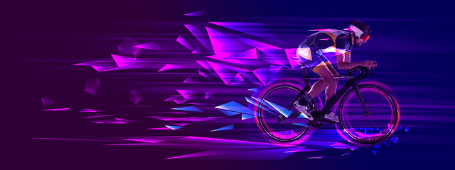 Cyclist riding a bicycle on gradient purple blue background with polygonal and fluid neon elements. Concept of sport, action, competition, tournament. Banner for sport events - obrazy, fototapety, plakaty