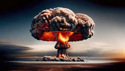 Atomic bomb mushroom cloud. Atomic bombs are a kind of nuclear bomb that only utilize nuclear fission. The other type of nuclear bombs are thermonuclear bombs, also known as hydrogen bombs - obrazy, fototapety, plakaty