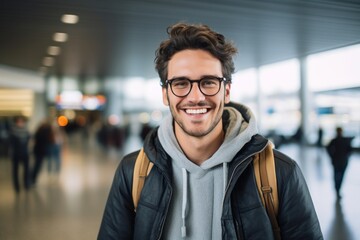 Obraz premium Portrait of a smiling man in his 20s dressed in a comfy fleece pullover against a bustling airport terminal. AI Generation