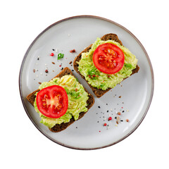 Avocado Toasts with Tomato, Healthy Snack or Breakfast on White Background