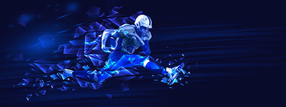 Dynamic image of young man, American football player in motion, running with ball on blue background with polygonal and fluid neon elements. Concept of sport, tournament. Banner for sport events