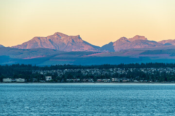 Campbell River at sunrise seen from Quadra Island, Vancouver Island, British Columbia, Canada.