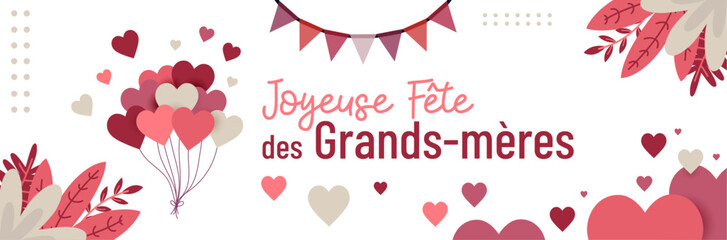Joyeuse f&ecirc;te des Grands-m&egrave;res - Banni&egrave;re festive pour la c&eacute;l&eacute;bration des mamies - &Eacute;l&eacute;ments  vectoriels roses et beiges - Illustrations de guirlandes, c&oelig;urs et motifs v&eacute;g&eacute;taux lumineux - Famille