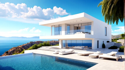 Luxury villa with a swimming pool, white modern house, beautiful sea view landscape, coast.