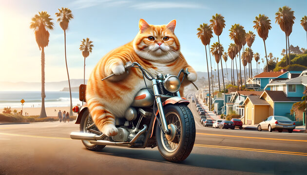 a very fat, cute orange cat. The cat is riding an old motorcycle, which looks like it's about to break down, on the roads