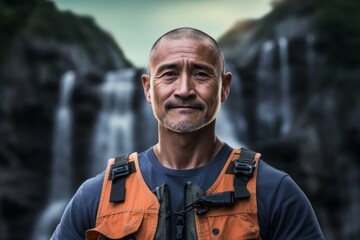 Fototapeta premium Portrait of a tender asian man in his 50s wearing a rugged jean vest against a backdrop of a spectacular waterfall. AI Generation