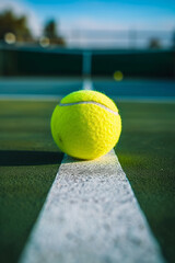 A close up of a tennis ball resting on the white line