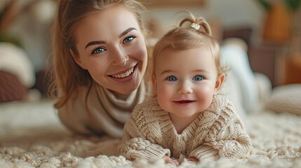 happy mother and  her cute baby  on the floor