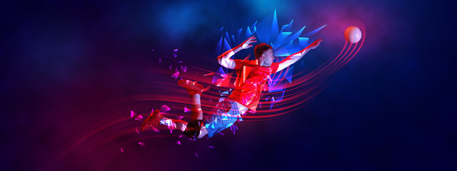Dynamic image of young man, handball player in motion, training on gradient background with...