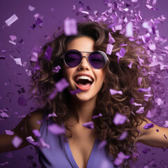 Fototapeta premium Colorful Celebration: A Happy, Trendy Woman in a Festive Party Portrait on a White Background