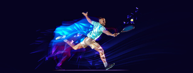 Sportive w man, tennis player in motion playing on blue background with polygonal and fluid neon elements. Concept of sport, action, competition, tournament. Banner for sport events