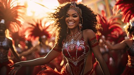 Brazilian Rio de Janeiro carnival, women wearing a costume vibrant colors,celebrating carnival