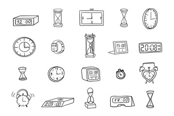 Big set of watch in doodle style. Wrist watch, clock, hourglass, alarm, round clock, clock face, square clock, mechanical watches, quartz watches, digital watch, wall clock. Exact time. Hand drawn. 