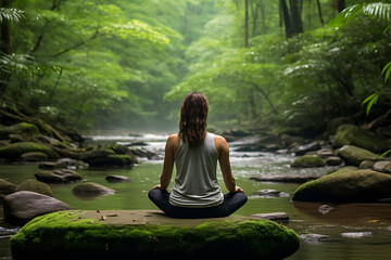 Woman practicing yoga in the forest with a mountain stream in the background