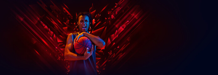 Emotional young Africa man, basketball player standing with ball on red background with polygonal...