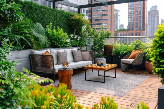 Stylish urban rooftop garden with modern furniture and lush green plants, showcasing an eco-friendly city lifestyle
