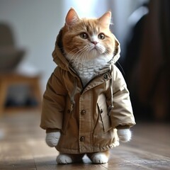 Charming, cute cats in beautiful, warm outerwear. Adorable cat faces resembling humans in clothes. Funny cat photos.