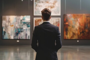 Businessman at an art gallery, exploring the intersection of art and business