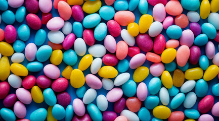 Fototapeta na wymiar a close up of a bunch of candy beans on a table top with a blue background and a yellow one, generative ai