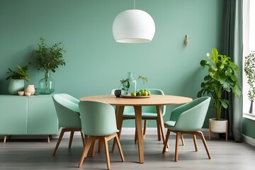 Mint color chairs at round wooden dining table in room with sofa and cabinet near green wall with  modern living room.Ai generated.