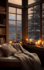 Cozy living room with sofa and panoramic window overlooking the winter mountains and forest