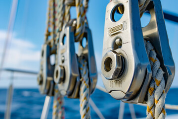 Yacht Pulley Blocks and Ropes against Blue Sky Background