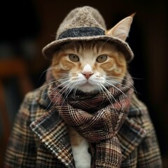 Charming, cute cats in beautiful, warm outerwear. Adorable cat faces resembling humans in clothes. Funny cat photos.