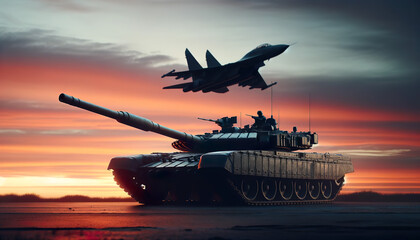 A Military tank and a fighter jet silhouette against a sunset sky. War a state of usually open and declared armed hostile conflict between states or nations.