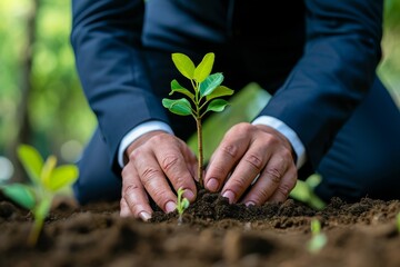 Businessman planting a tree, symbolizing sustainability in business