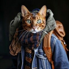 Charming, cute cats in beautiful, warm outerwear. Adorable cat faces resembling humans in clothes. Funny cat photos.
