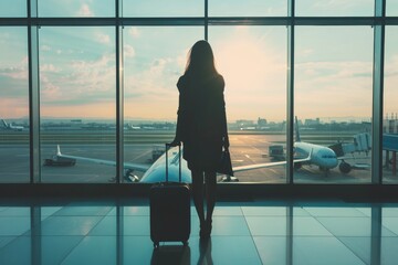 Businesswoman at an airport with travel luggage