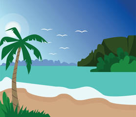 Fototapeta na wymiar Vector image, tropical island and sandy beach . Birds in the sky. Mountains covered with greenery and palm trees.