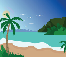 Fototapeta na wymiar Vector image, tropical island and sandy beach . Birds in the sky. Mountains covered with greenery and palm trees.