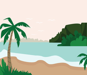 Fototapeta na wymiar Vector image of a tropical island and a sandy beach at sunset . Birds in the sky. Mountains covered with greenery and palm trees.