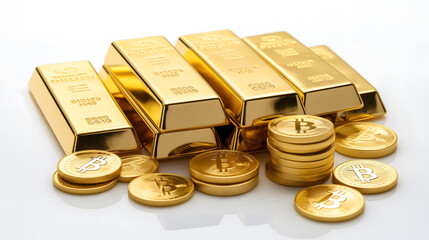 A pile of golden Bitcoin coins solated on white background
