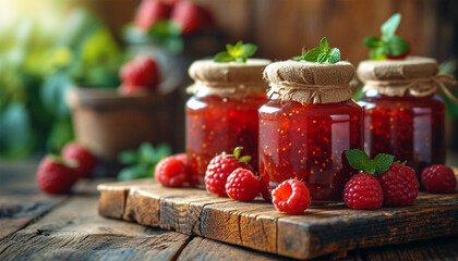 Raspberry jam with berry on light background. Homemade jam with raspberry. banner, menu, recipe place for text, top Various jams peach and strawberry on wooden table - Powered by Adobe