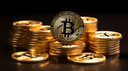 A pile of golden Bitcoin coins.