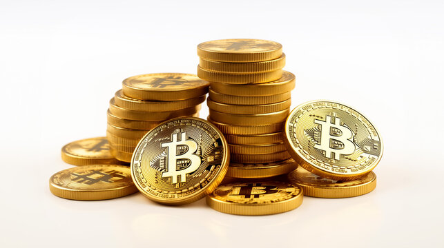 The image shows a pile of golden Bitcoin coins on a white surface. The coins are stacked in several towers, and some are placed individually. The background is plain and white.