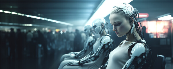 Humanoid robots sitting at a bus station - obrazy, fototapety, plakaty