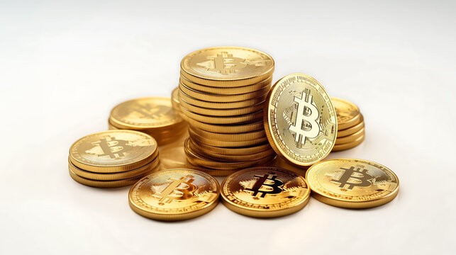 The image shows a pile of golden Bitcoin coins on a white surface. The coins are stacked in several towers, and some are placed individually. white isolated background.