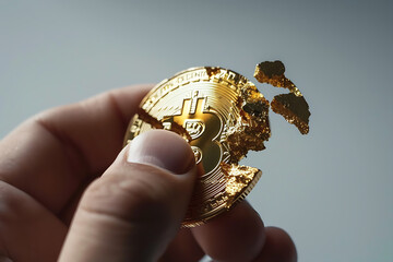 A hand holding a broken Bitcoin symbol with gold.