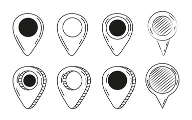 Navigation markers, pinpoints, tag in hand drawn style. Doodle pin symbol, location sign collection