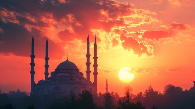  Ramadan card featuring a serene mosque silhouette against a radiant sunset.