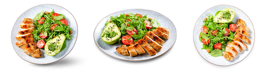 Grilled Chicken Fillet with Fresh Salad, Cherry Tomatoes and Avocado, Healthy food, Keto, Paleo Diet Menu