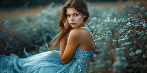 blue dressed young woman on a summer meadow