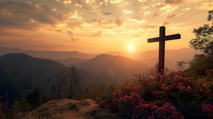 Beautiful sunset landscape background with crosses between mountains.