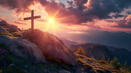 Beautiful sunset landscape background with crosses between mountains.