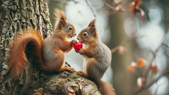 funny animal valentine's day love wedding celebration concept greeting card cute red squirrel couple on tree trunk in forest holding red heart