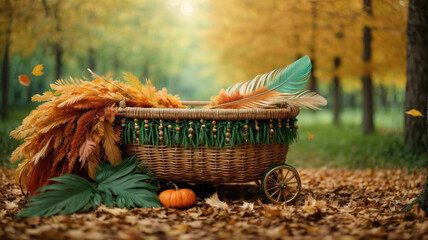 A green basket with white lining sits on leaves in a forest - obrazy, fototapety, plakaty